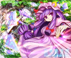  bracelet cloak commentary_request dress earrings female hat jewelry long_hair looking_away low-tied_long_hair magician moni_(credo) nail_polish patchouli_knowledge purple_eyes purple_hair striped_clothes striped_dress touhou vertical_stripes 