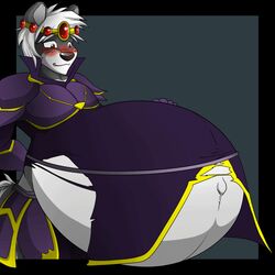  1:1 2014 angelo-xd animated anthro armor belly big_belly black_nose blush bulge clothed clothing crown fur hair hand_on_belly headgear hyper hyper_pregnancy male mammal mephitid navel open_mouth outie_navel partially_clothed pregnant pregnant_anthro pregnant_male red_eyes short_playtime skunk torn_clothing unborn_kicking white_body white_fur white_hair 