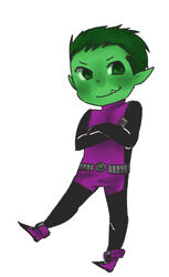  1boy beast_boy_(dc) bodysuit cartoon_network chibi crossed_arms dc_comics garfield_logan green_hair green_skin male male_focus purple_shoes solo teen_titans 