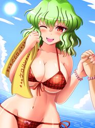  bad_id bad_pixiv_id banned_artist bead_band bikini blue_sky blush breasts cleavage cloud day green_hair highres holding kazami_yuuka large_breasts mouth_hold navel one_eye_closed open_mouth red_eyes red_swimsuit shin&#039;en_(gyokuro_company) short_hair side-tie_bikini sky smile solo_focus sun swimsuit touhou towel water 