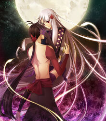  1boy black_hair commentary_request couple female full_moon hair_ornament katanagatari leaf long_hair maple_leaf moon night night_sky ouka_mai red_eyes sky star_(sky) starry_sky straight togame very_long_hair white_hair yasuri_shichika 