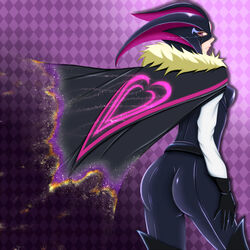  argyle_background ass black_bodysuit black_gloves bodysuit boots cape commentary_request cure_muse_(black) dissolving female frown gloves kingcat0404 leather looking_back magical_girl mask precure purple_background purple_eyes serious shirabe_ako skin_tight solo suite_precure thigh_boots thighhighs 