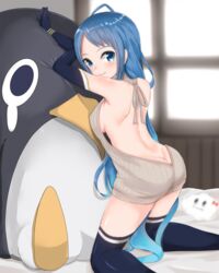  ahoge alternate_costume ass back backless_dress backless_outfit bare_back bare_shoulders bed_sheet black_gloves black_thighhighs blue_eyes blue_hair blush_stickers breasts butt_crack closed_mouth commentary_request dimples_of_venus dress elbow_gloves failure_penguin feet_out_of_frame female fingernails from_behind gloves gradient_hair grey_dress grey_sweater halterneck highres instant_(ioarthus) kantai_collection kneeling legs_apart long_hair looking_at_viewer looking_back medium_breasts meme_attire multicolored_hair naked_sweater no_bra no_panties on_bed revision ribbed_sweater samidare_(kancolle) shoulder_blades sideboob sleeveless sleeveless_turtleneck smile solo sweater sweater_dress thighhighs turtleneck turtleneck_sweater very_long_hair virgin_killer_sweater 