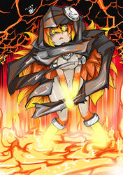  black_sclera blonde_hair colored_sclera commentary_request d: duel_monster female fire furumeta highres hood lava laval_forest_sprite monster_girl multicolored_hair open_mouth orange_hair solo torn_clothes yellow_eyes yu-gi-oh! 