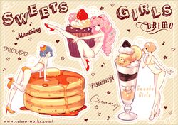  3girls arm_support bare_arms bare_legs bare_shoulders blue_hair bow bra brown_eyes butter cake cupcake diagonal_stripes dotted_line drill_hair eighth_note english_text food fruit hairbow heart high_heels leg_up light_brown_hair long_hair md5_mismatch multiple_girls musical_note nishimura_eri orange_bra orange_footwear orange_panties original outline pancake pancake_hair_ornament pancake_stack panties parfait pink_hair polka_dot polka_dot_bra red_bow red_eyes red_footwear resolution_mismatch sitting source_larger standing standing_on_one_leg star_(symbol) strawberry striped_background striped_bra striped_clothes striped_panties syrup twin_drills twintails underwear underwear_only vertical-striped_bra vertical-striped_clothes vertical-striped_panties watermark web_address white_bra white_footwear white_panties 