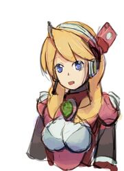  acen alia_(rockman) bangs blonde_hair blue_eyes breasts capcom earphones eyebrows_visible_through_hair female long_hair mugshot open_mouth rockman rockman_x rockman_x8 simple_background upper_body white_background 