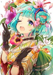  ;o animal_ears aqua_hair black_gloves blush commentary_request female flower gloves green_eyes hair_flower hair_ornament hair_ribbon hairclip hand_up jewelry kanchuumimai looking_at_viewer necklace one_eye_closed original ribbon shirako_mugi short_hair tail upper_body 