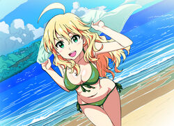  bikini blonde_hair breasts cleavage commentary_request dokozo_no_shirou female front-tie_top green_bikini green_eyes hoshii_miki idolmaster idolmaster_(classic) long_hair looking_at_viewer medium_breasts open_mouth side-tie_bikini_bottom smile swimsuit thigh_gap 