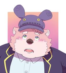  2018 absurd_res anthro bear blush clothed clothing fur hat headgear headwear hi_res jambavan_(tas) lifewonders male mammal pink_body pink_fur shirt slightly_chubby solo tokyo_afterschool_summoners topwear watoson 