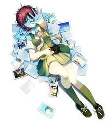  camera commentary_request danganronpa_(series) danganronpa_2:_goodbye_despair female freckles green_eyes koizumi_mahiru mei_luo necktie photo_(object) red_hair school_uniform shoes short_hair skirt socks solo 