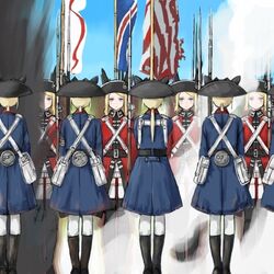  6+girls american_flag american_revolution animal_ears animal_hat bad_id bad_pixiv_id battle bayonet blonde_hair blue_coat blue_eyes brown_bess coat day english_flag explosion flag flagpole gun hat holding holding_gun holding_weapon line_infantry lineup long_hair mars_expedition military military_uniform multiple_girls musket outdoors ponytail red_coat short_hair skirt sky soldier standard_bearer sunlight thighhighs tricorne uniform union_jack united_kingdom united_states war weapon y_(khakiyawn) zettai_ryouiki 