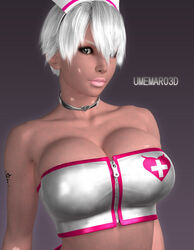  3d breasts bustier choker cleavage dark-skin female heart large_breasts lipstick makeup nurse nurse_cap short_hair silver silver_hair solo tattoo umemaro white_hair zipper 