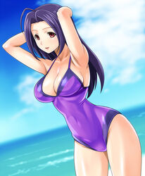  ahoge armpits arms_behind_head arms_up breasts casual_one-piece_swimsuit cleavage cloud commentary_request cowboy_shot day dutch_angle female horizon idolmaster idolmaster_(classic) large_breasts long_hair miura_azusa muhi11234 ocean one-piece_swimsuit outdoors purple_hair purple_one-piece_swimsuit red_eyes sky solo swimsuit 