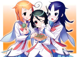  3girls :t ahoge blue_eyes blue_hair eating food food_on_face glasses glasses_removed highres kaoru_(kazumi_magica) kazumi_(kazumi_magica) long_hair mahou_shoujo_kazumi_magica mahou_shoujo_madoka_magica maki_kaoru misaki_umika multiple_girls official_art orange_eyes orange_hair short_hair smile takoyaki tensugi_takashi umika_misaki 