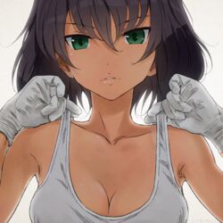  adjusting_shirt akagi_(fmttps) armpits artist_name bangs breasts brown_hair cleavage closed_mouth collarbone commentary dark_skin eyebrows_visible_through_hair girls_und_panzer gloves green_eyes hoshino_(girls_und_panzer) lips looking_at_viewer mechanic medium_breasts shirt short_hair simple_background solo tank_top twitter_username upper_body white_background white_gloves white_shirt 