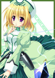  blonde_hair commentary_request endori female finger_to_mouth hat jewelry klarwind lyrical_nanoha mahou_shoujo_lyrical_nanoha mahou_shoujo_lyrical_nanoha_a&#039;s photoshop_(medium) purple_eyes ring shamal short_hair solo 