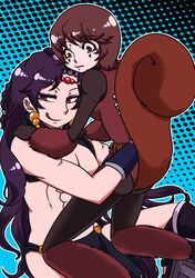  1boy animification battle_tendency brown_eyes commentary_request crossover earrings facial_mark female fukazu_itsuki jewelry jojo_no_kimyou_na_bouken kars_(jojo) loincloth long_hair marvel pantyhose pelvic_curtain photoshop_(medium) purple_hair red_eyes short_hair squirrel_girl_(marvel) squirrel_tail superhero_costume tail 