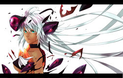  aqua_eyes bad_id bad_pixiv_id breasts broken cyborg dark-skinned_female dark_skin female letterboxed lips long_hair matano_maya medium_breasts silver_hair simple_background solo t-elos underboob white_hair xenosaga xenosaga_episode_iii 