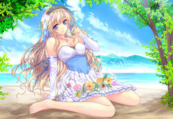  barefoot beach blonde_hair blue_eyes blush breasts cleavage commentary_request crown day dress elbow_gloves female flower gloves legs long_hair mahiro_takeumi medium_breasts original outdoors smile solo thighs water 