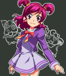  blazer bow coco_(yes!_precure_5) commentary_request dress female fumiko_(mesushi) hair_bobbles hair_ornament jacket l&#039;ecole_des_cinq_lumieres_school_uniform nuts_(yes!_precure_5) photoshop_(medium) pink_eyes pink_hair precure purple_skirt ribbon school_uniform short_hair skirt smile solo two_side_up yes!_precure_5 yumehara_nozomi 