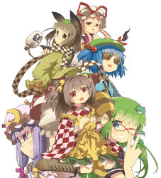  6+girls alternate_costume animal_ears bell bespectacled blue_hair boots brown_hair checkered_clothes checkered_scarf checkered_shirt clothes_writing commentary_request crescent frog_hair_ornament futatsuiwa_mamizou gap_(touhou) glasses gourd green_eyes hair_bell hair_bobbles hair_ornament hat kawashiro_nitori key kochiya_sanae leaf leaf_on_head motoori_kosuzu multiple_girls oerba_yun_fang one_eye_closed ooide_chousuke open_mouth patchouli_knowledge photoshop_(medium) pince-nez purple_eyes purple_hair raccoon_ears raccoon_tail red-framed_eyewear red_eyes scarf school_uniform serafuku shirt short_hair simple_background smile snake_hair_ornament tail touhou two_side_up white_background yakumo_yukari yellow_eyes 