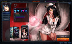  :d ahri_(league_of_legends) alternate_costume animal_ears bad_link black_hair bow breasts cleavage contrapposto copyright_name cosplay cowboy_shot energy_ball facial_mark fake_screenshot female fox_ears fox_tail funded fur_trim generation_ahri girls&#039;_generation glowing goomrrat hand_on_own_face hand_on_own_thigh hat hat_bow helmet korean_text league_of_legends legs_apart logo long_sleeves looking_at_viewer midnight_ahri military military_uniform multiple_persona multiple_tails naval_uniform official_art open_mouth peaked_cap photoshop_(medium) short_shorts shorts slit_pupils smile standing tail uniform whisker_markings yellow_eyes 