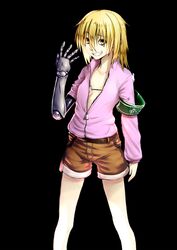  armband automail blonde_hair bra brown_shorts commentary_request edward_elric female fullmetal_alchemist genderswap_(mtf) grin lingerie mechanical_arms mossari_poteto open_clothes open_shirt rule_63 shirt shorts single_mechanical_arm smile solo underwear yellow_eyes 