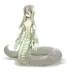  black_hair claws frfr lamia monster_girl naga scales simple_background smile snake tail yellow_eye yellow_eyes 