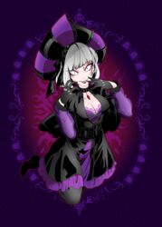  bad_id bad_twitter_id belt black_gloves black_legwear black_lips breasts choker cleavage coat constricted_pupils crazy_smile disneyland dress eyeliner female full_body gem gloves hat jewelry lipstick makeup marimo_(yousei_ranbu) medium_breasts overcoat pendant purple_background purple_dress purple_eyes recruiters_(disney) short_hair silver_hair smile solo studded_belt veil_(disney) yandere 