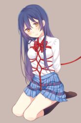  arms_behind_back bad_id bad_twitter_id black_socks blue_hair blush bondage brown_background female kneehighs long_hair love_live! love_live!_school_idol_project nerunnn no_shoes otonokizaka_school_uniform red_rope rope school_uniform seiza sitting skirt socks solo sonoda_umi yellow_eyes 