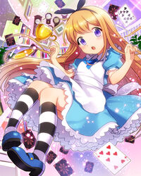  :o alice_(alice_in_wonderland) alice_(alice_in_wonderland)_(cosplay) blonde_hair blue_footwear blush card commentary_request cosplay cup dress ensemble_girls! ensemble_girls_(artist) female floating_card hair_ornament hairband highres hoshiumi_koyoi kneehighs long_hair mary_janes md5_mismatch official_art open_mouth petticoat photoshop_(medium) purple_eyes resolution_mismatch ribbon shoes socks solo source_smaller sparkle spoon striped_clothes striped_socks teacup 