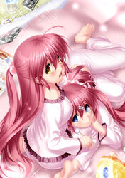  2girls ahoge alternate_costume barefoot blue_eyes blush brown_eyes closed_mouth comiket_87 commentary_request eyelashes food frilled_pajamas frills from_above futaki_kanata glass hair_bobbles hair_ornament hairclip half_updo highres lap_pillow little_busters! long_hair long_sleeves looking_at_viewer lying mimikaki multiple_girls on_side one_side_up open_mouth pajamas photoshop_(medium) pocky purple_hair saigusa_haruka short_ponytail siblings side_ponytail sisters sitting smile sparkle tareme teeth twins upturned_eyes very_long_hair wariza white_pajamas yellow_eyes zen_(kamuro) 