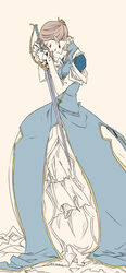  closed_eyes commentary_request dress earrings estellise_sidos_heurassein female jewelry kmikan official_alternate_costume partial_commentary pink_hair short_hair solo sword tales_of_(series) tales_of_vesperia weapon 