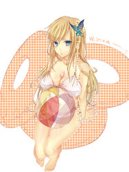  bad_id bad_pixiv_id ball barefoot beachball bikini blonde_hair blue_eyes boku_wa_tomodachi_ga_sukunai breasts bug butterfly butterfly_hair_ornament female hair_ornament kashiwazaki_sena large_breasts long_hair sansai solo swimsuit white_bikini 