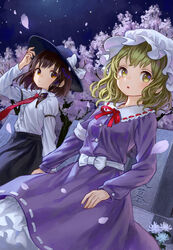  2girls ama-tou blonde_hair brown_eyes brown_hair cherry_blossoms commentary_request dutch_angle foxfactory graveyard hand_on_headwear hat highres long_hair looking_at_viewer maribel_hearn mob_cap multiple_girls parted_lips petals short_hair touhou translation_request tree usami_renko wind yellow_eyes 