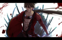  1boy blood brown_hair commentary_request injury japanese_clothes katana katanagatari letterboxed long_hair male_focus manly ouka_mai solo sword weapon yasuri_shichika 