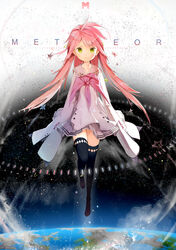  anmi black_thighhighs closed_mouth commentary_request earth_(planet) female full_body green_eyes long_hair long_sleeves meteor_(vocaloid) neckerchief photoshop_(medium) pink_hair pink_neckerchief planet sleeves_past_fingers sleeves_past_wrists solo space star_(symbol) thighhighs very_long_hair vocaloid yellow_eyes zettai_ryouiki 