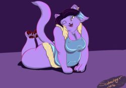  absurd_res anthro ass belly big_breasts big_butt breasts catty_(undertale) digital_media_(artwork) ear_piercing felid female hi_res lying mammal on_front one_eye_closed overweight overweight_anthro overweight_female paws piercing pinup pose sabrotiger simple_background solo thick_thighs undertale undertale_(series) wink 