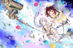  2girls atelier_(series) atelier_sophie book brown_eyes brown_hair flower green_eyes hand_holding hat multiple_girls official_art plachta silver_hair sophie_neuenmuller takekono yuri 