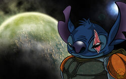  16:10 2009 alien armor black_eyes blue_body blue_fur blue_nose boba_fett crossover digital_drawing_(artwork) digital_media_(artwork) disney experiment_(lilo_and_stitch) fur head_tuft lilo_and_stitch narrowed_eyes notched_ear planet rcbrock scar solo space squint star_wars stitch_(lilo_and_stitch) tuft watermark 