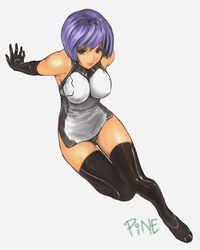  arm_support arms_behind_back bare_shoulders black_eyes black_thighhighs blue_hair bodysuit breasts cleavage commentary elbow_gloves female from_above gloves jayun large_breasts original photoshop_(medium) short_hair simple_background sitting solo thighhighs zettai_ryouiki 