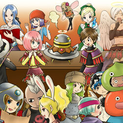  6+boys 6+girls angel angel_wings animal_ears annotated bandana blonde_hair blue_eyes blue_hair blush book bottle bow breasts bridal_gauntlets brown_eyes cleavage closed_eyes commentary_request crop_top dark_skin dragon_quest dragon_quest_ix dress fairy fairy_wings ganguro gloves green_eyes green_hair hairbow halo hat headband helmet hero_(dq9) heroine_(dq9) highres laughing long_hair medium_breasts midriff mini_person minigirl multiple_boys multiple_girls open_mouth pink_hair ponytail purple_hair rabbit_ears raviel red_eyes rikka_(dq9) roxanne_(dq9) ruida sandy_(dq9) silver_hair skirt smile thighhighs totechin wings yawning yellow_eyes 