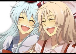  2girls bad_id bad_pixiv_id blue_hair blush closed_eyes friends fujiwara_no_mokou grey_hair hair_ribbon happy kamishirasawa_keine laughing letterboxed long_hair multiple_girls no_nose open_mouth ribbon shirt suspenders touhou waiko white_shirt 