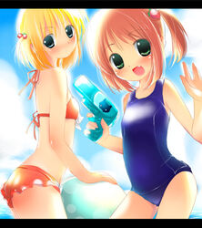  2girls ass bad_id bad_pixiv_id blonde_hair blue_eyes blush brown_hair character_request flat_chest green_eyes lolicon multiple_girls oerba_yun_fang one-piece_swimsuit paper_man photoshop_(medium) school_swimsuit short_hair swimsuit tina_(paper_man) twintails uya_(munyu) water_gun 