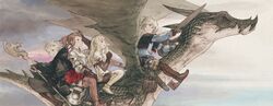  2boys 2girls aire arm_shield armor back-to-back belt black_cloak black_legwear blonde_hair boots brand_(hikari_no_4_senshi) breastplate brown_footwear brown_gloves brown_hair capelet cloak dragon dragon_(hikari_no_4_senshi) dragon_riding dress fantasy final_fantasy floating_hair flying from_side gloves hair_slicked_back hand_on_own_head highres hikari_no_4_senshi holding holding_staff holding_sword holding_weapon hood hood_down jusqua knight long_hair long_sleeves looking_at_another looking_at_viewer looking_back miniskirt multiple_boys multiple_girls multiple_riders official_art outstretched_arm pantyhose pauldrons pocket polearm ponytail pouch puffy_short_sleeves puffy_sleeves red_skirt riding shield short_sleeves shoulder_armor sitting skirt sky smile staff sword thigh_boots thighhighs unita unsheathed weapon white_dress white_footwear wind yoshida_akihiko 