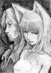  1boy animal_ears clothed_male_nude_female craft_lawrence female greyscale holo katzeh monochrome nude oerba_yun_fang photoshop_(medium) spice_and_wolf traditional_media wolf_ears 