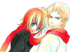  1boy blue_eyes casual commentary_request female gensou_suikoden gensou_suikoden_v isabel_(suikoden) kankichi lowres mathias_(suikoden) red_hair scarf short_hair 