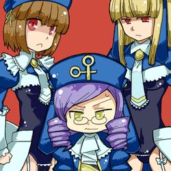  3girls commentary_request cornelia_(umineko) dlanor_a._knox drill_hair eiserne_jungfrau etori gertrude_(umineko) glasses hat leotard multiple_girls umineko_no_naku_koro_ni 