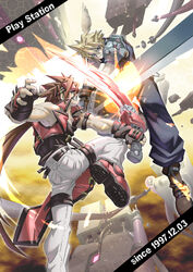  1997 2boys armor battle blonde_hair boots brown_hair buster_sword clash cloud_strife commentary_request crossover dated duel final_fantasy final_fantasy_vii fingerless_gloves fireseal gloves guilty_gear left-handed male_focus multiple_boys muscular pauldrons ponytail shoulder_armor sol_badguy spiked_hair sword weapon yabe_makoto 