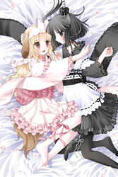  2girls animal_ears bed_sheet black_eyes black_hair black_pantyhose blonde_hair blush bow brown_eyes cat_ears cat_tail cherry_blossoms choker commentary_request crown dog_ears dog_tail dress feet flower hair_ribbon hairbow highres hug kanzaki_miku kuroinu lolita_fashion multiple_girls original pantyhose petals raki_(konechi) ribbon ribbon_choker tail tail_bow tail_ornament tail_ribbon wa_lolita white_pantyhose yellow_eyes 